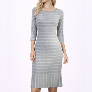 LuLaRoe Gray Blue Striped Midi Dress Casual Stretch Knit Dress Size Small NWT